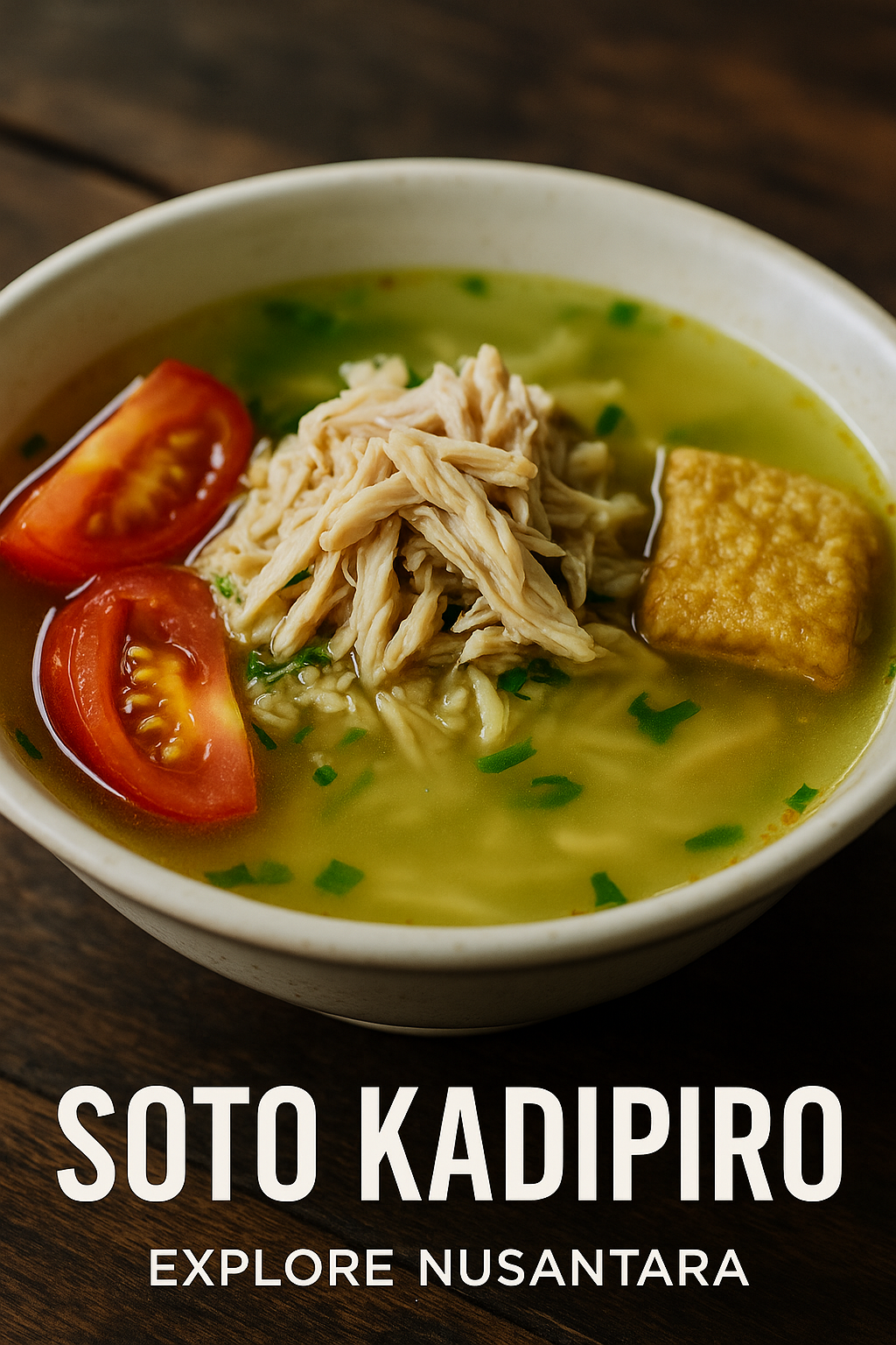 Soto Kadipiro Jogja – Soto ayam bening dengan suwiran ayam kampung, tomat segar, dan tempe goreng.
