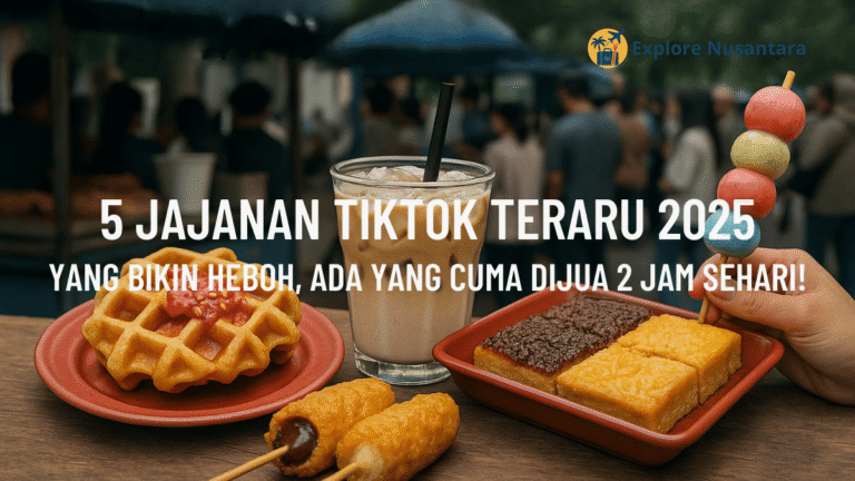 Jajanan tiktok trending 2025 - seperti croffle pedas, es kopi kelapa bakar, martabak, dan sate manis disajikan di depan antrian pasar malam
