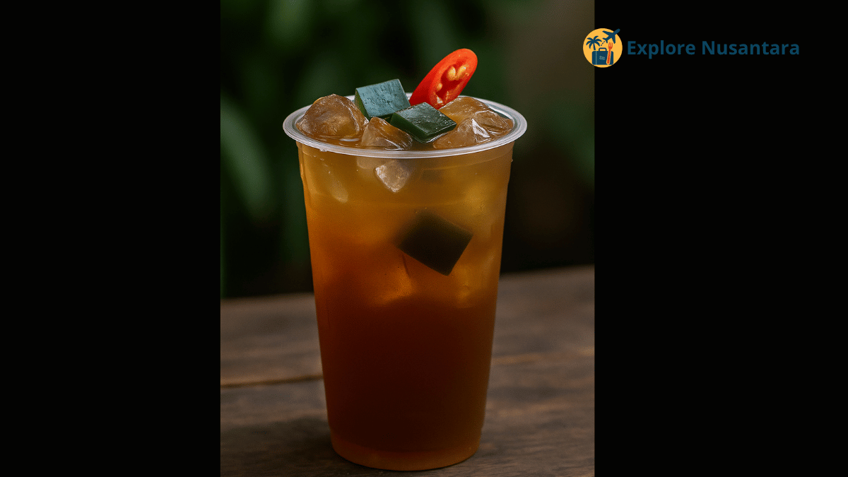 Segelas Es Teh Jelly Asam Pedas segar dengan potongan jelly dan irisan cabai di dalamnya