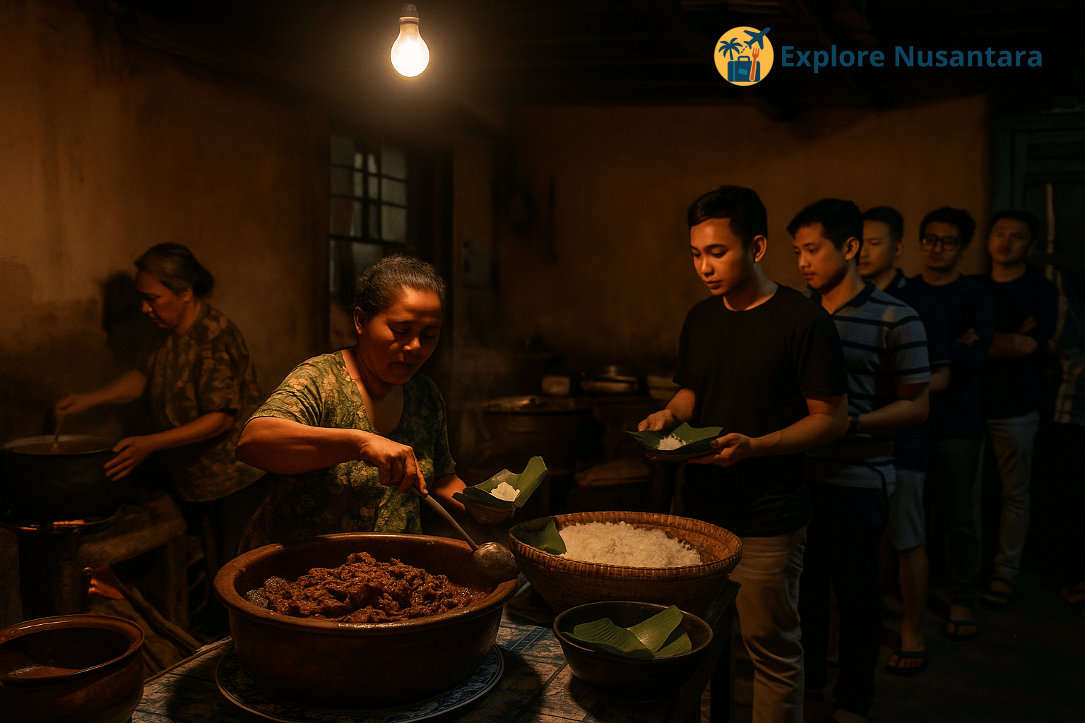 Suasana malam hari di Gudeg Pawon Yogyakarta dengan antrean panjang pengunjung