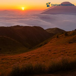 Pemandangan sunrise spektakuler dari Puncak Gunung Prau di Dieng, dengan siluet gunung-gunung Jawa yang tampak megah di kejauhan.