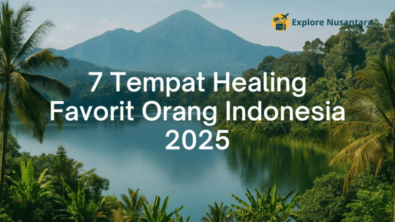 Pemandangan danau hijau, gunung tropis, dan pantai tenang sebagai ilustrasi destinasi healing favorit Indonesia 2025