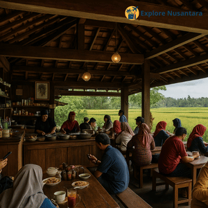 Waroeng Kopi Klotok di Yogyakarta dengan latar sawah asri