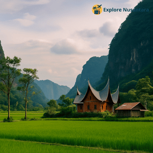 Pemandangan tebing tinggi dan sawah hijau di Lembah Harau, Sumatera Barat yang menawarkan ketenangan dan keindahan alam luar biasa.