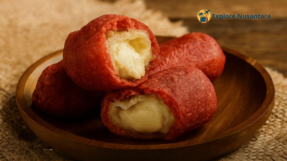 Molen Red Velvet isi cream cheese dengan warna merah menggoda, cocok untuk camilan kekinian 2025.