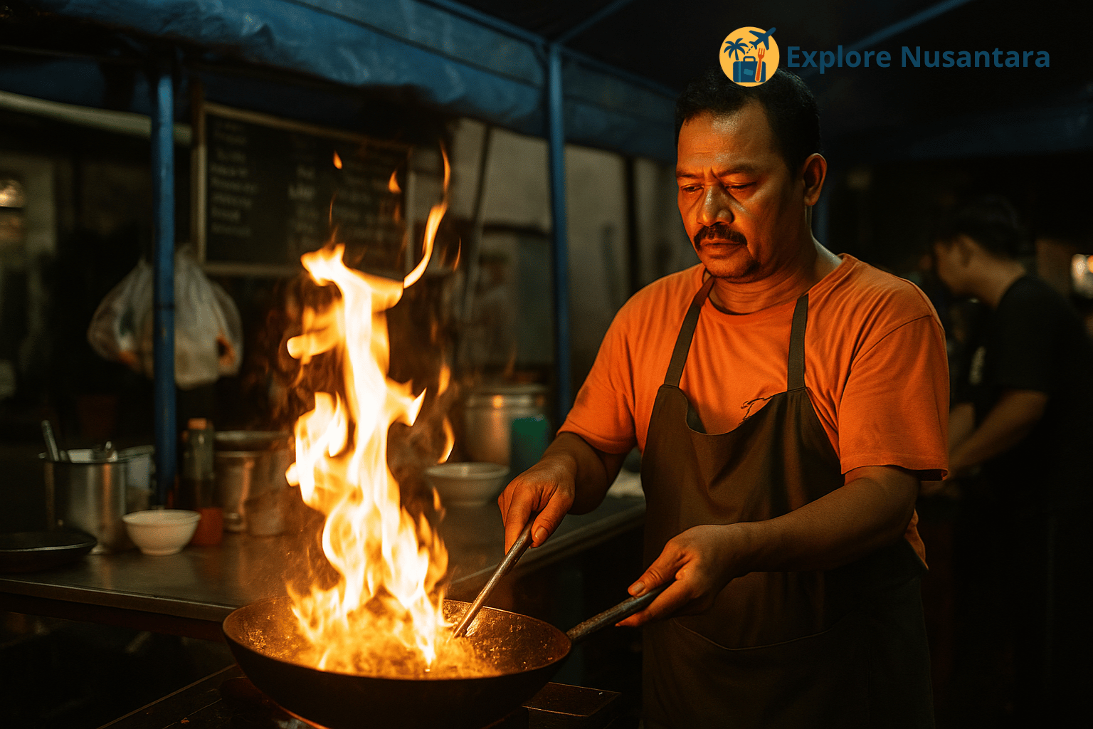Penjual nasi goreng kambing Kebon Sirih Jakarta sedang memasak di malam hari dengan api besar