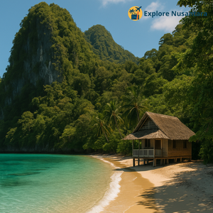 Sebuah pantai tropis yang tenang dengan air laut jernih kehijauan, dikelilingi tebing hijau dan rumah panggung kayu di tepi pantai.
