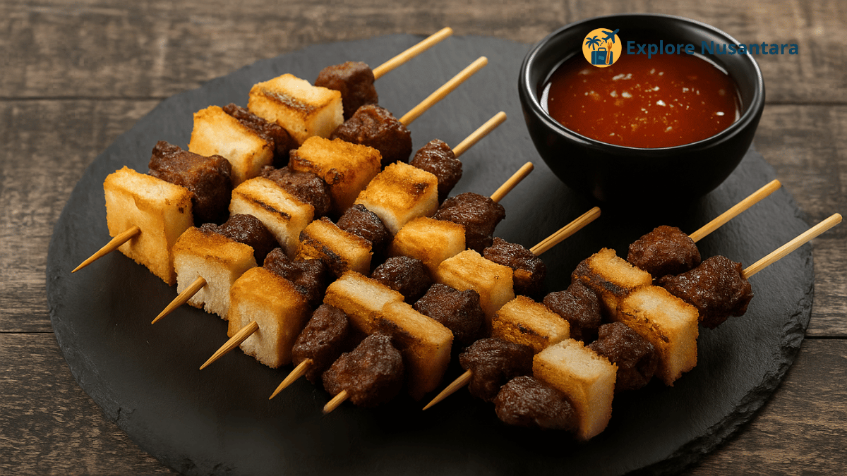 Roti bakar isi daging sate maranggi dengan sambal dan saus di atas talenan kayu