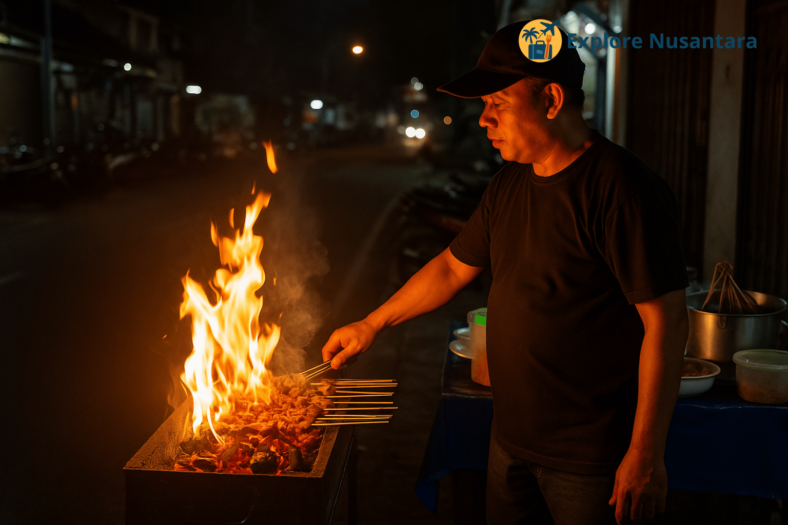 Sate klathak khas Jogja disajikan dengan nasi putih dan kuah gulai
