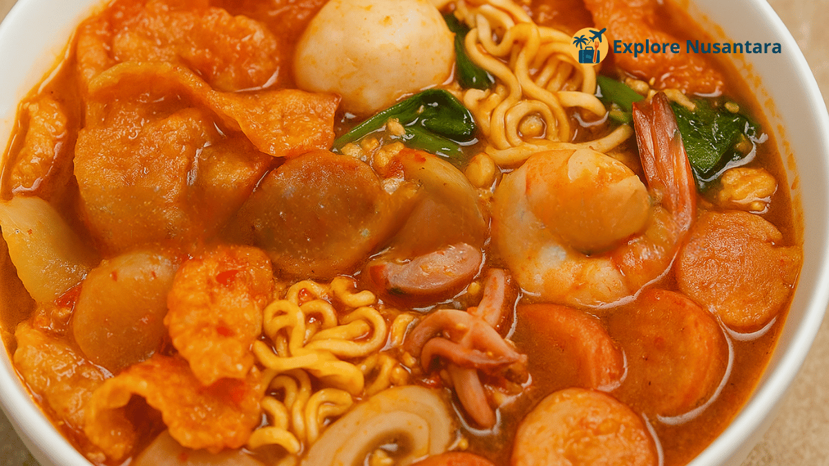 Seblak Seafood Komplit dengan udang, cumi, crab stick dan kuah merah