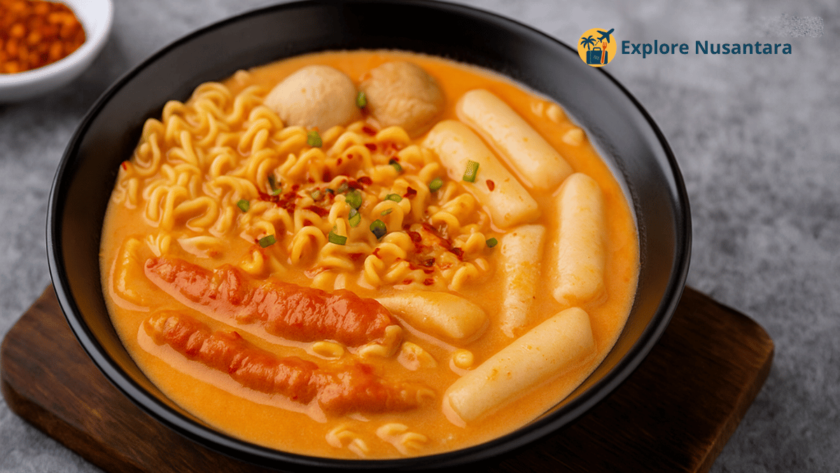 Seblak Kuah Susu ala Korea dengan topping fishcake, telur dan kerupuk