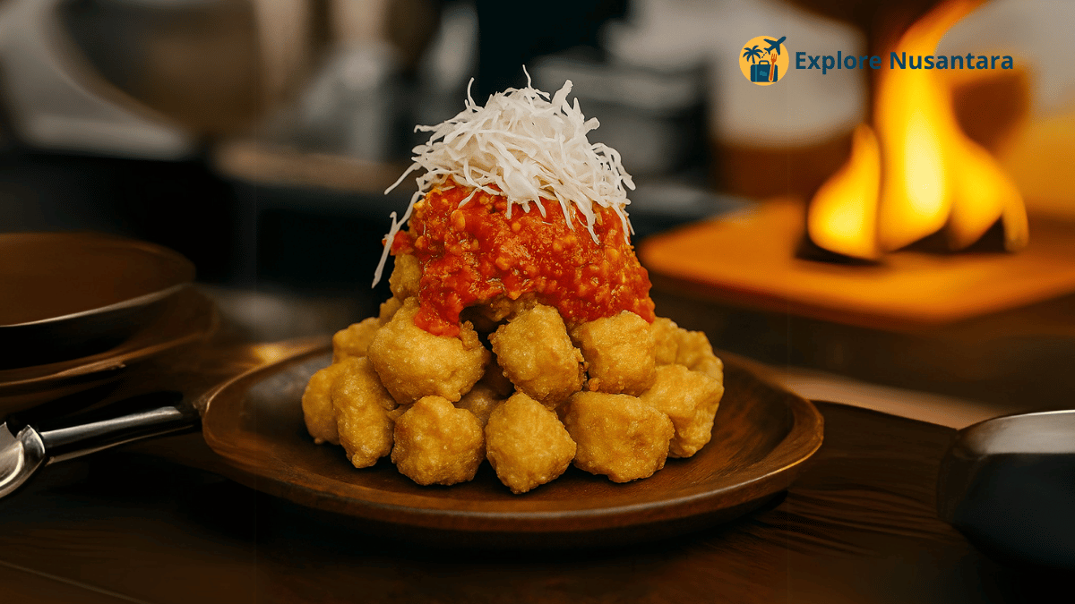 Tahu Crispy Volcano disajikan panas dengan topping saus pedas melimpah.