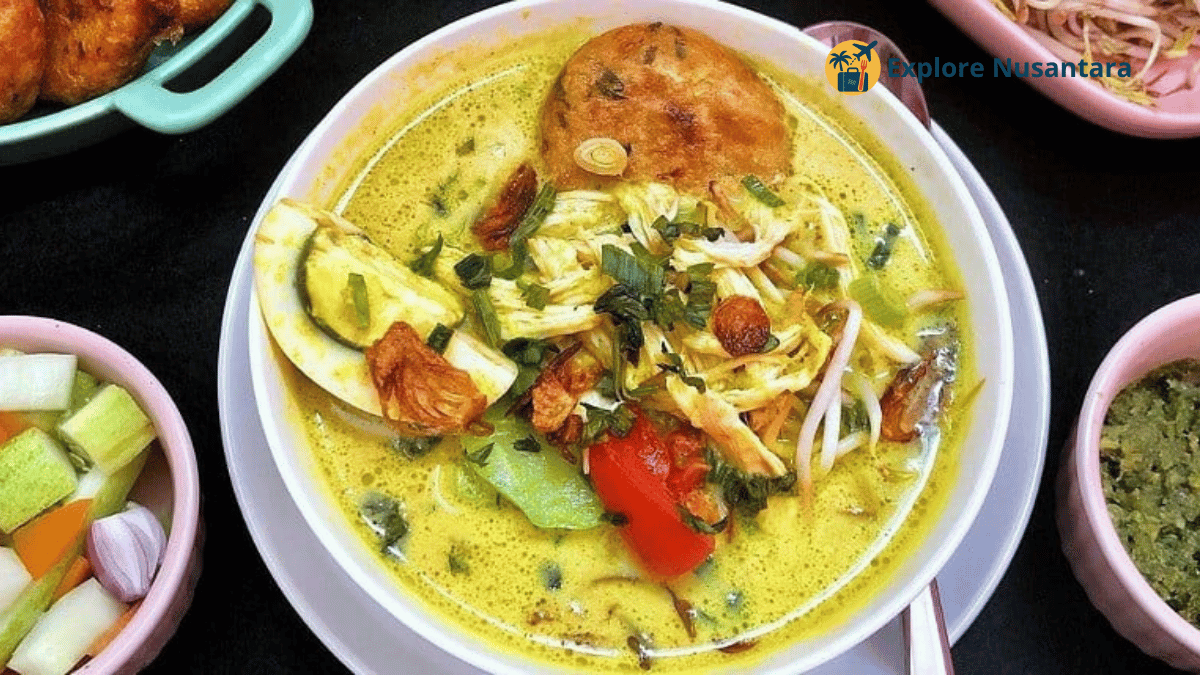 Soto Medan dengan kuah kuning santan, perkedel, dan emping